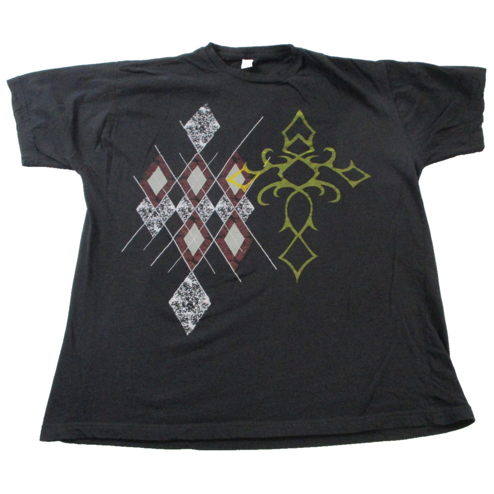 Gravity Y2K Gothic Cross Argyle Graphic Tee Mens XL Black Used 1575